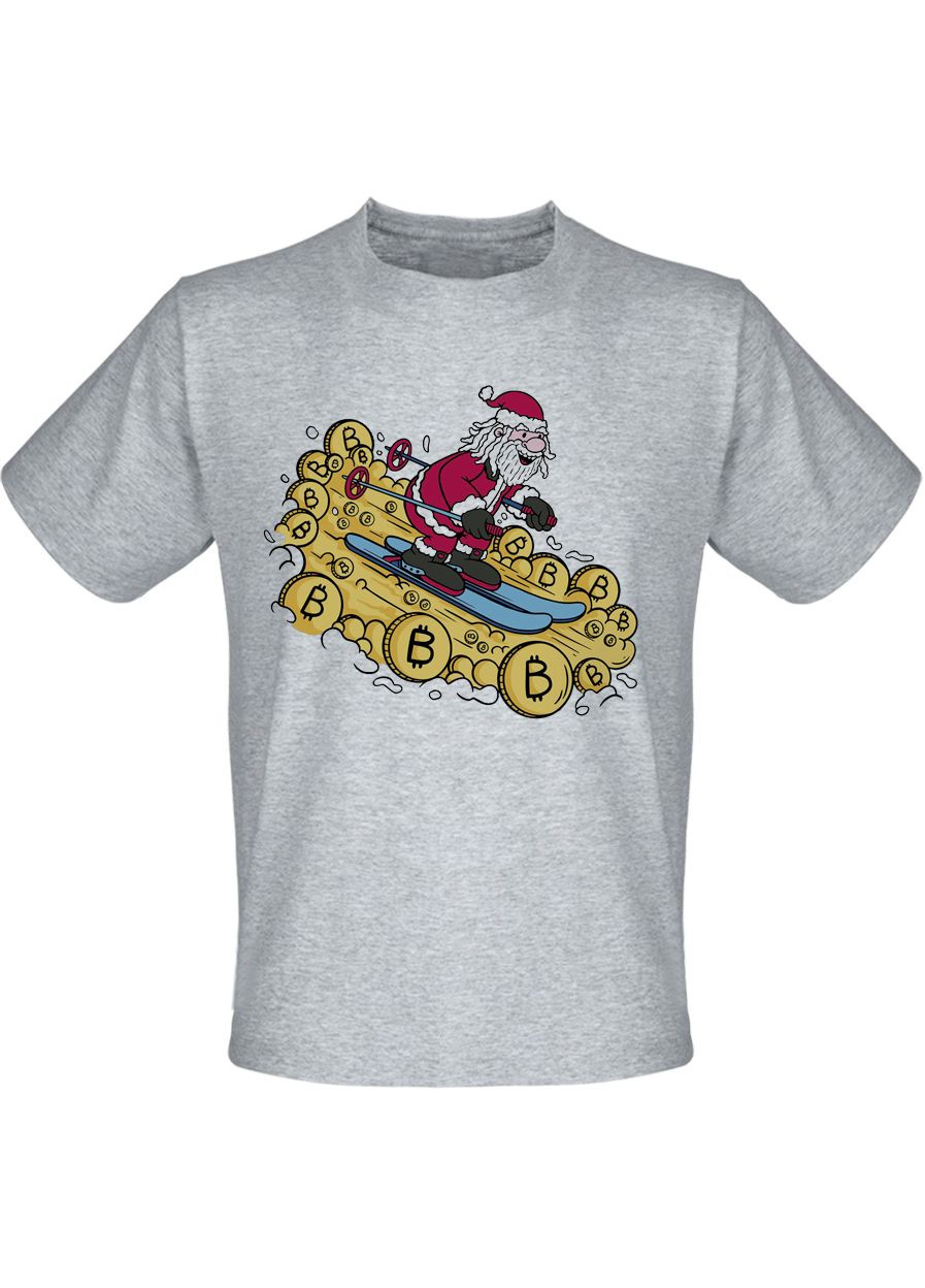 Серая футболка новогодняя skiing santa in bitcoins (меланж) Fat Cat