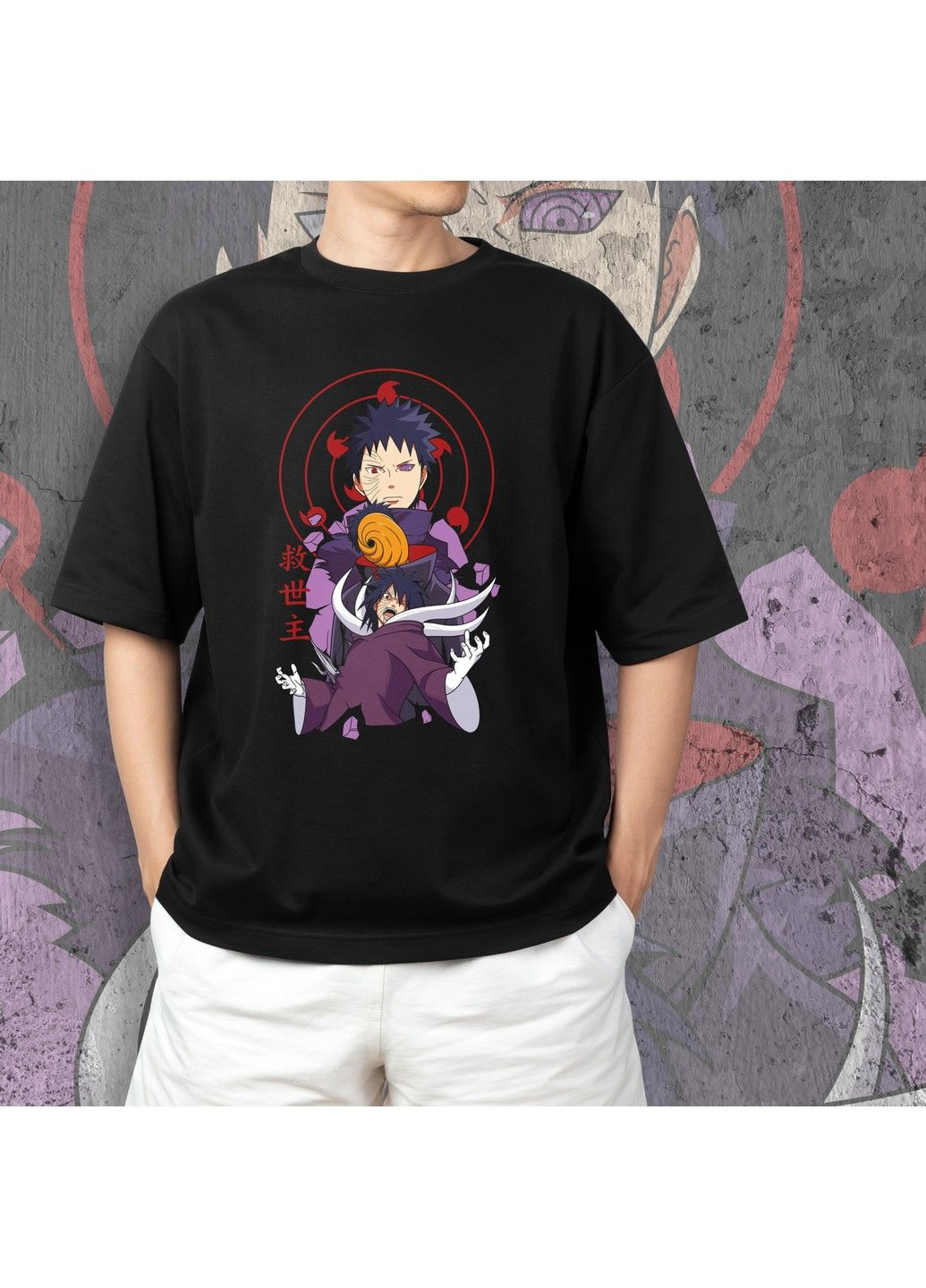 Черная футболка c принтом наруто - обито учиха 2 No Brand