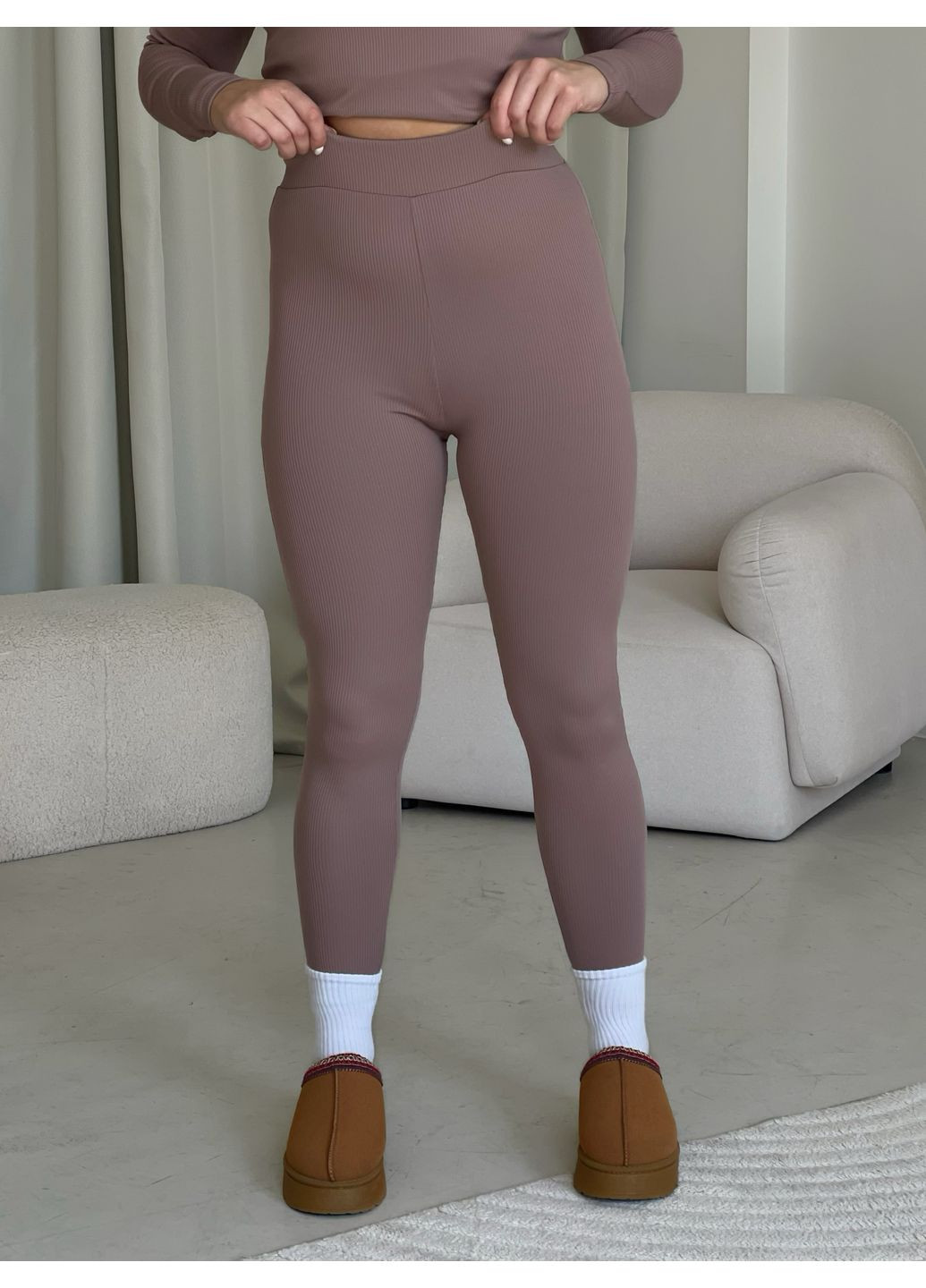 Бежевые теплые лосины в рубчик на флисе бежевые 600000202 размер No Brand