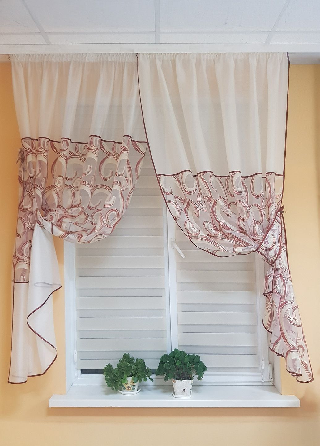 Комплект гардин до подоконника Завитки 200см молочный с терракотовым (73_2к) Firanka Venzel (364502897)