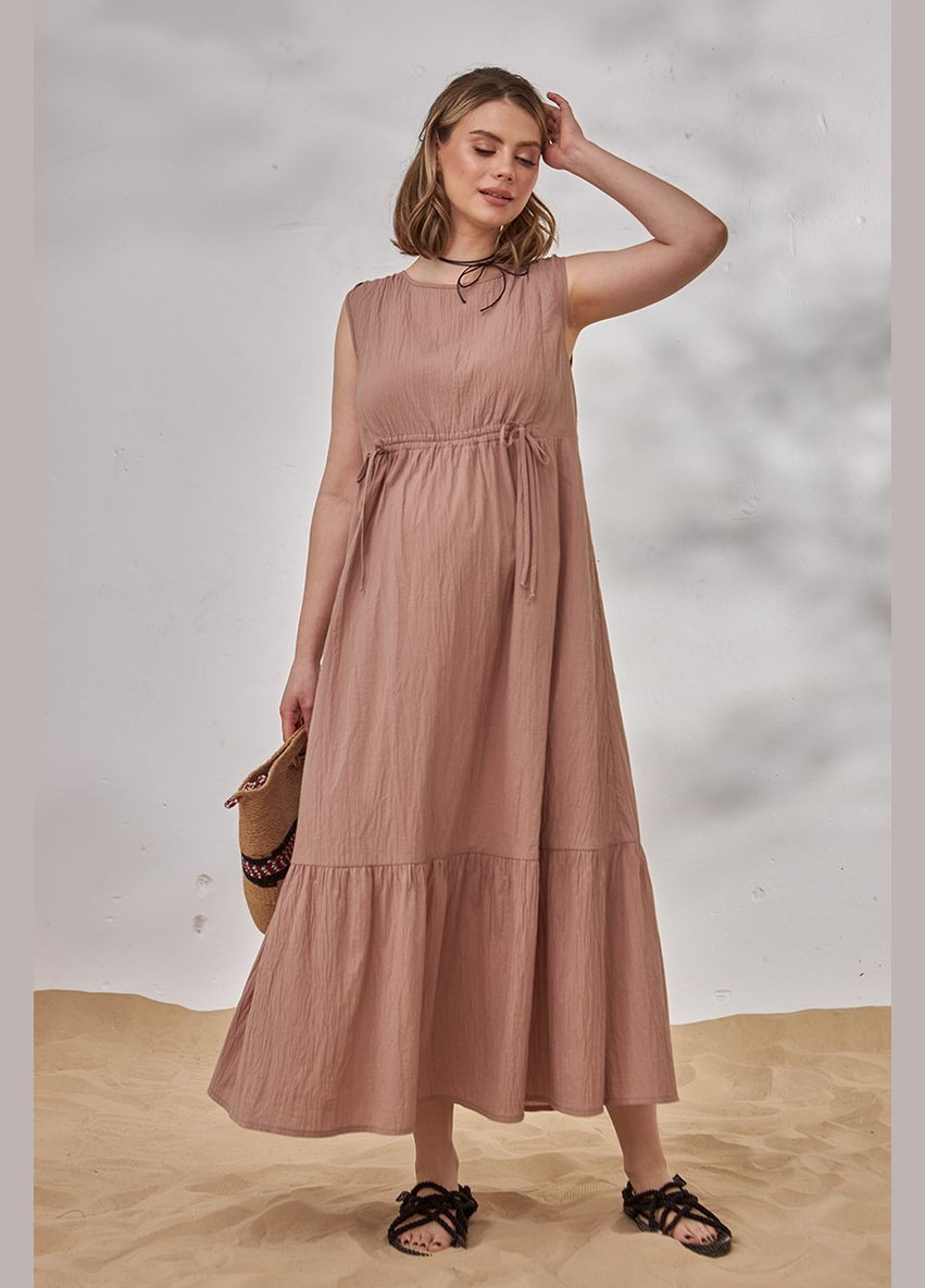 Коричневое длинное платье для беременных и кормящих из жатого хлопка коричневое Юла мама