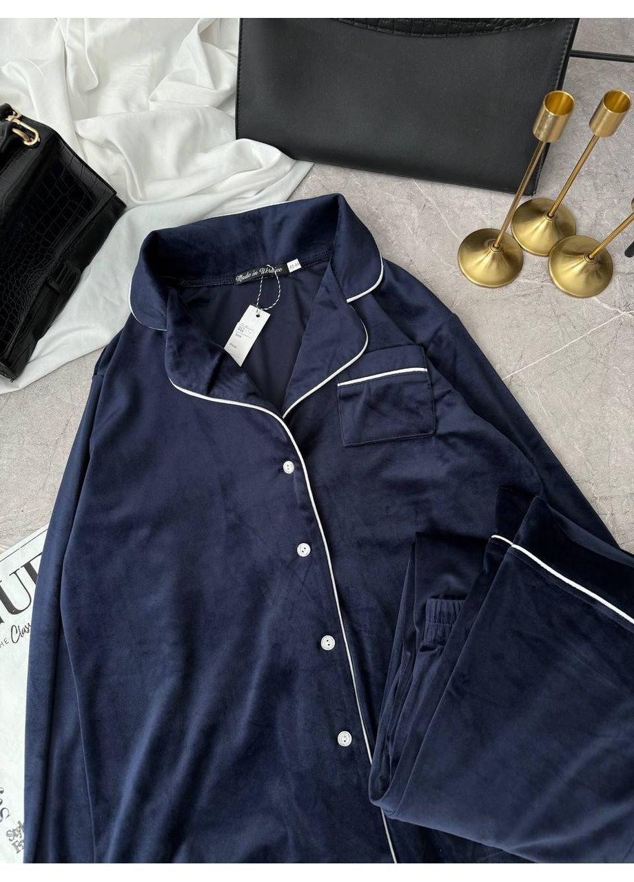 Синя всесезон жіноча велюрова піжама сорочка + брюки Asi.Store.ua