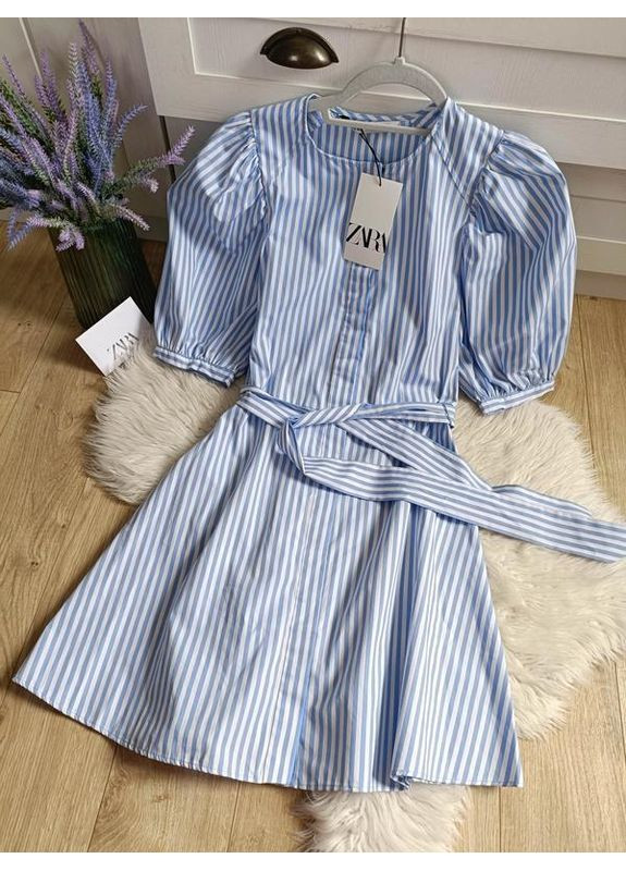 Голубое полосатое поплиновое платье zw collection Zara