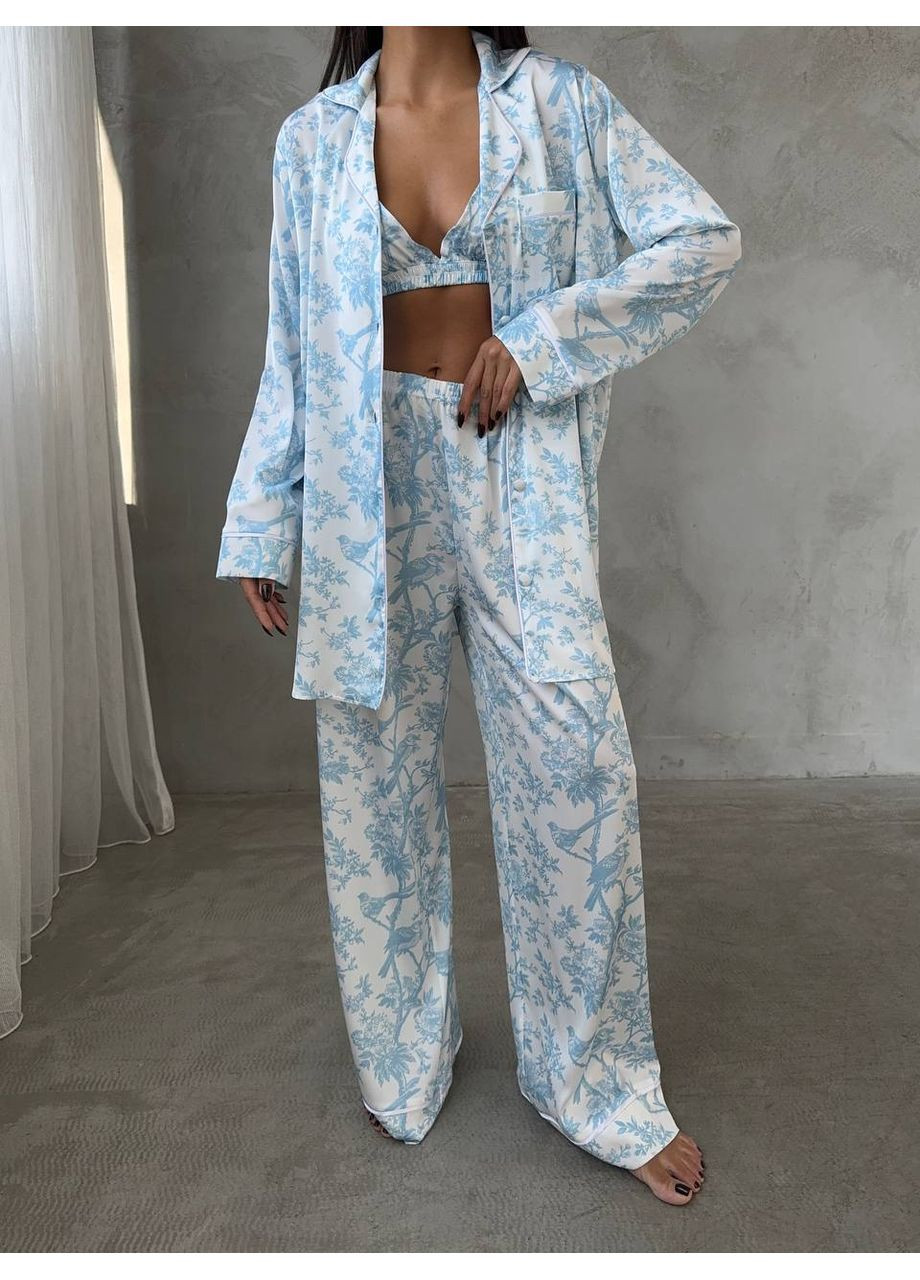 Біла всесезон жіноча піжама | біла з квітковим принтом сорочка + топ + брюки Vital-Textile 1007/Т8