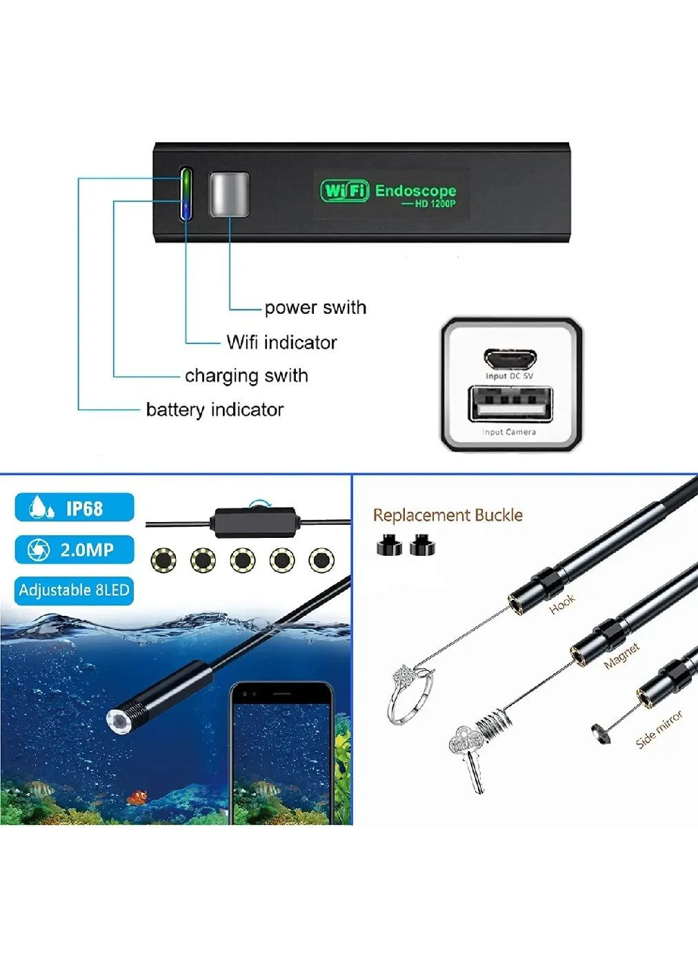Беспроводной аккумуляторный Wi-Fi эндоскоп бороскоп с мини камерой подсветкой HD 1200p для Android iOS 2 м (478130-Prob) Unbranded (305636267)