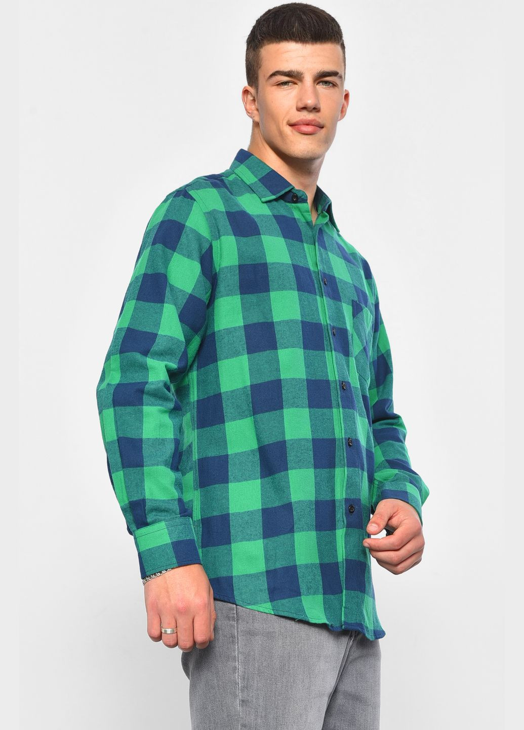 Сорочка чоловіча зеленого кольору в клітинку Let's Shop (293939479)