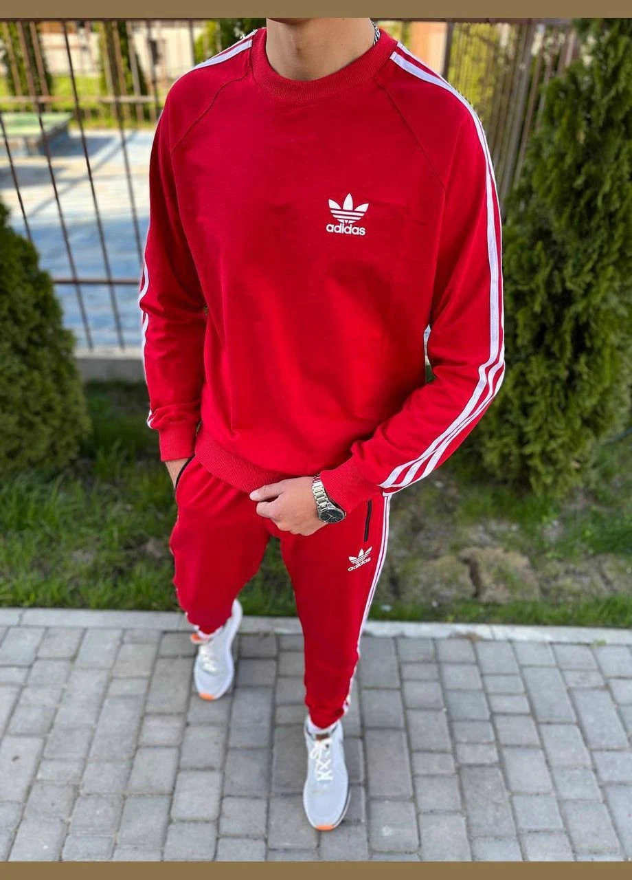 Красный костюм adidas унисекс,двунитка кофта и штаны No Brand