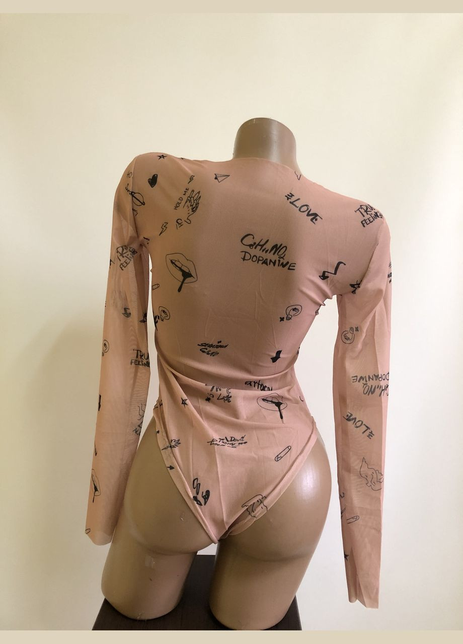 Cетчатый комбидрес боди с принтом тату Honey Fashion Accessories S/M бежевый (10-116) No Brand (311222819)