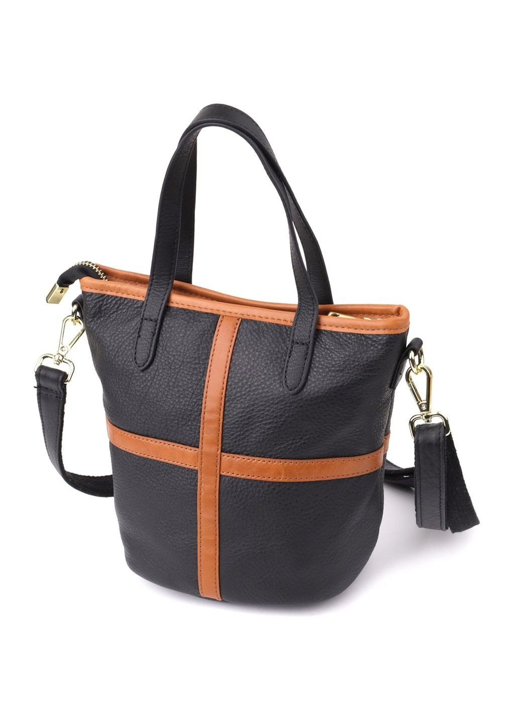 Женская кожаная сумка с коричневой вставкой на лицевой стороне 22997 Черный Vintage (356452161)