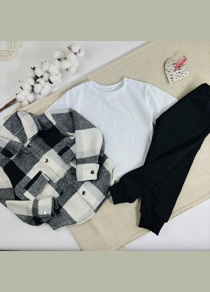 Білий демісезонний чорно-біла дитяча весняна сорочка в карту + біла футболка + чорні штани унісекс 140 No Brand