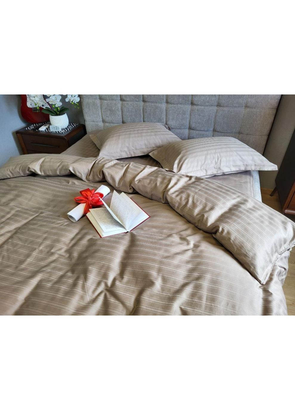 Постільна білизна Мульти страйп сатин CACAO, PREMIUM Полуторний розмір, наволочки 70/70 No Brand (364219546)