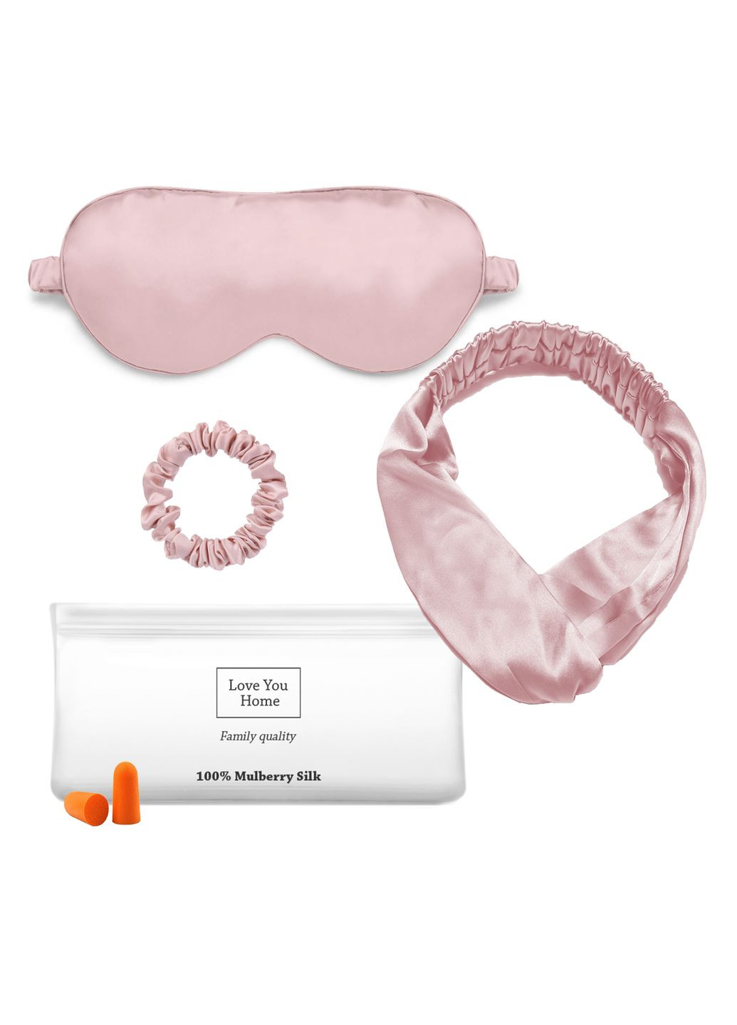 Набір: маска + пов'язка для волосся + гумка + чех + беруші Рожевий 100% шовк Love You (276907906)