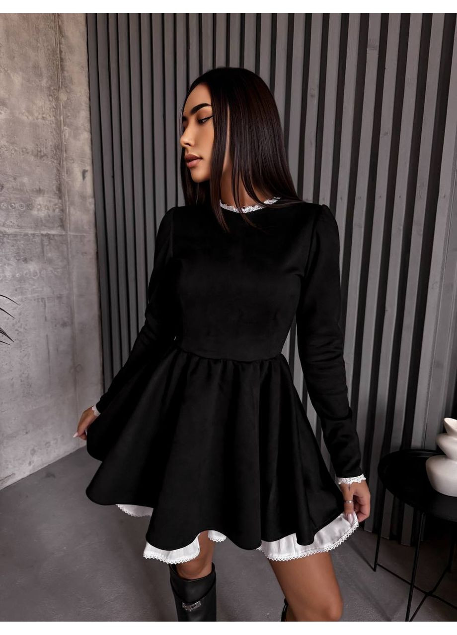 Черное комбинированное платье мини черного цвета 31892 клеш Fashion однотонное