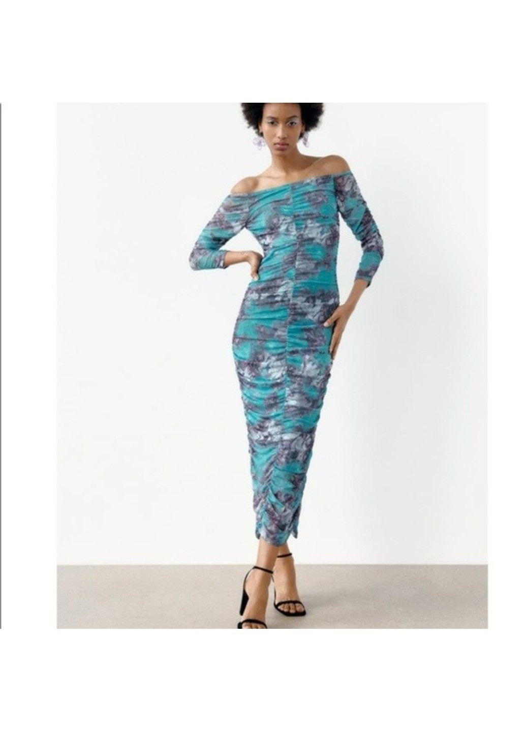 Бірюзова сукня жіноча off shoulder draped ruched tulle bodycon maxi dress Zara