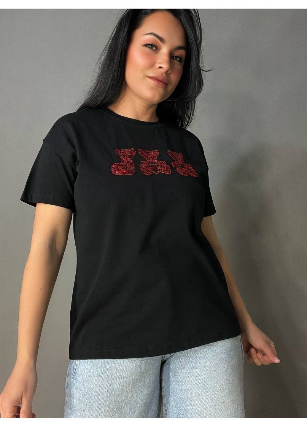 Футболка жіноча BX24-68 з вишивкою ведмедики чорна Pepper&Mint - (331143219)