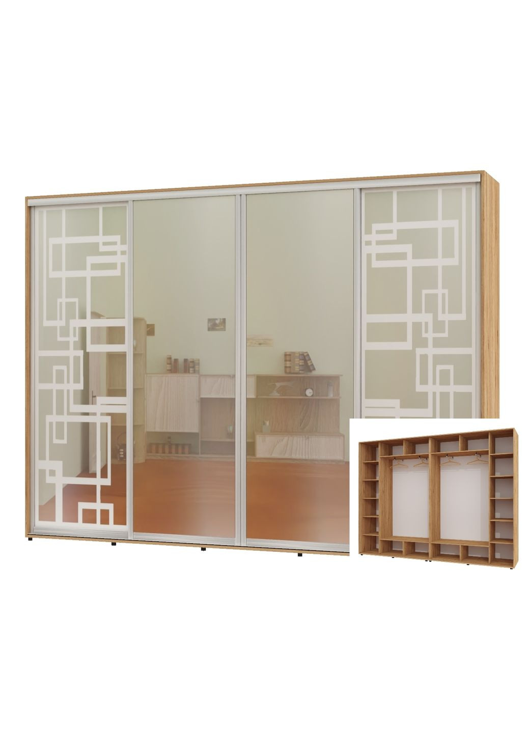 Шкаф-купе четырехдверный 300*45*230 Дуб крафт золотой 2 Зеркала с пескоструйным рисунком/2 Зеркала Алекса (360468239)