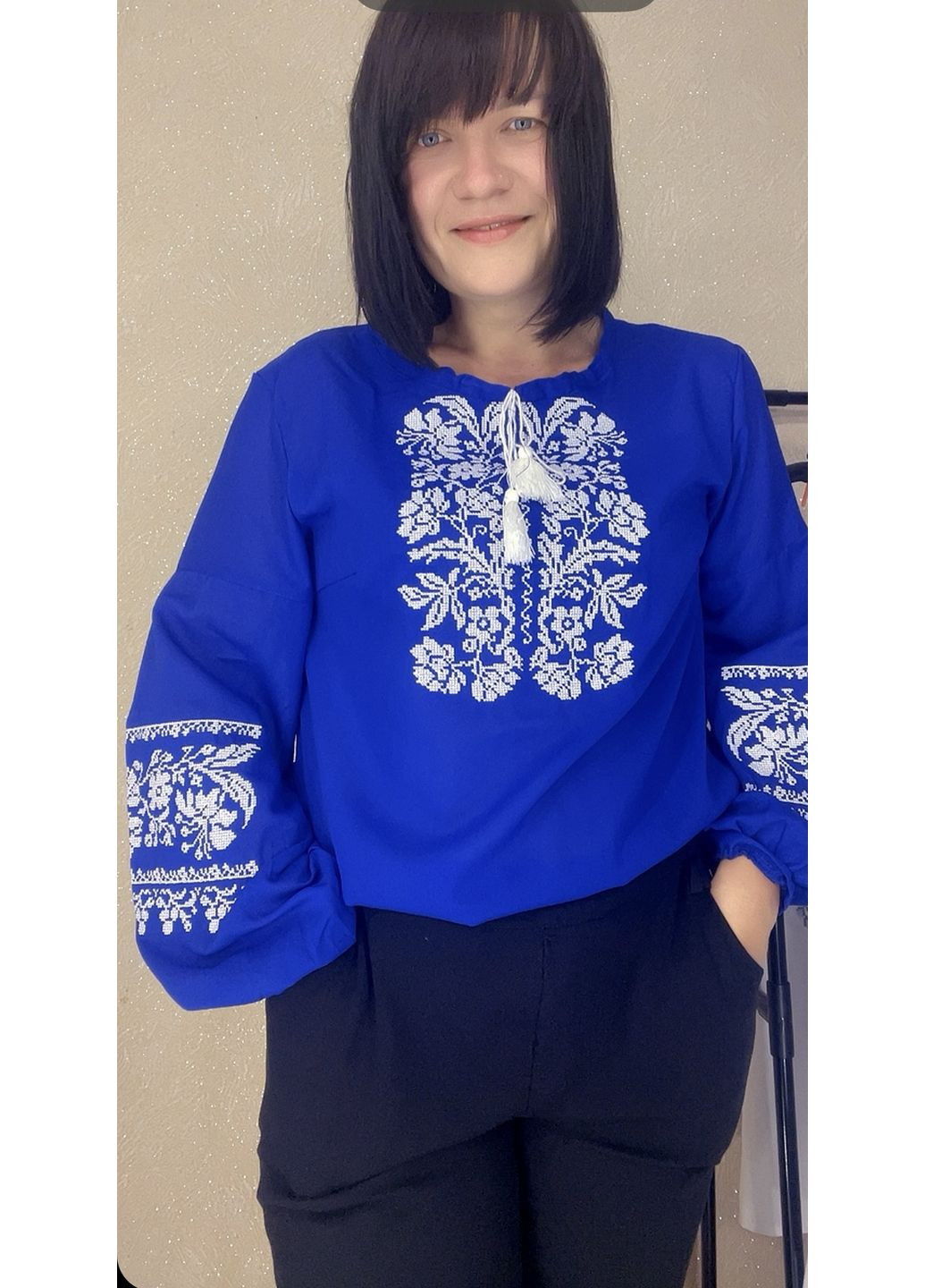 Синя жіноча вишиванка НоКо вільна шифон (349507968)