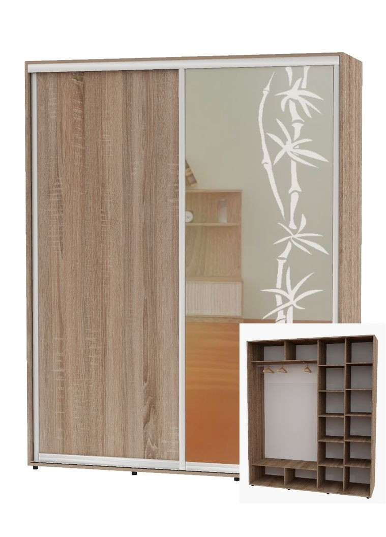 Шкаф-купе двухдверный 200*60*250 Дуб Сонома трюфель ДСП/Зеркало с пескоструйным рисунком Алекса (360479346)