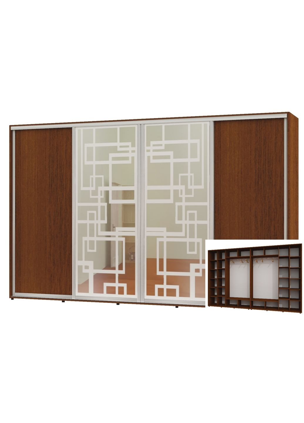 Шкаф-купе четырехдверный 400*60*250 Орех лесной 2 ДСП/2 Зеркала с пескоструйным рисунком Алекса (360461360)