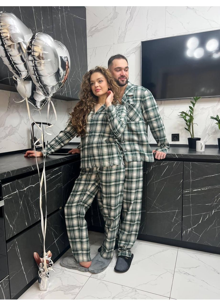 Мужская фланелевая пижама в зелено-белую клеточку / Теплая мужская пижама из фланели зеленая / Домашний мужской комплект для сна No Brand (367610176)