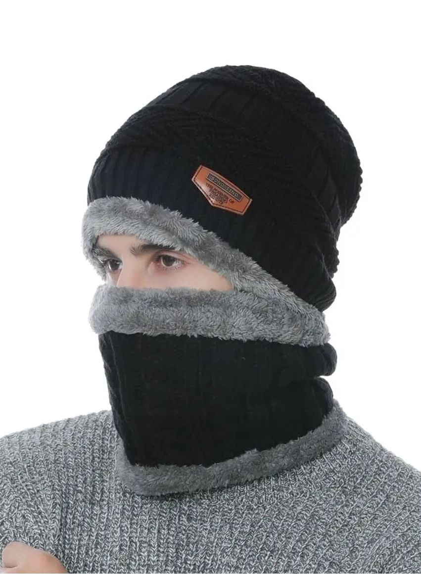 Зимний мужской комплект Шапка и снуд (бафф-хомут) вязаный с меховой подкладкой утепленный One Size, шапка на зиму черная No Brand (368707080)