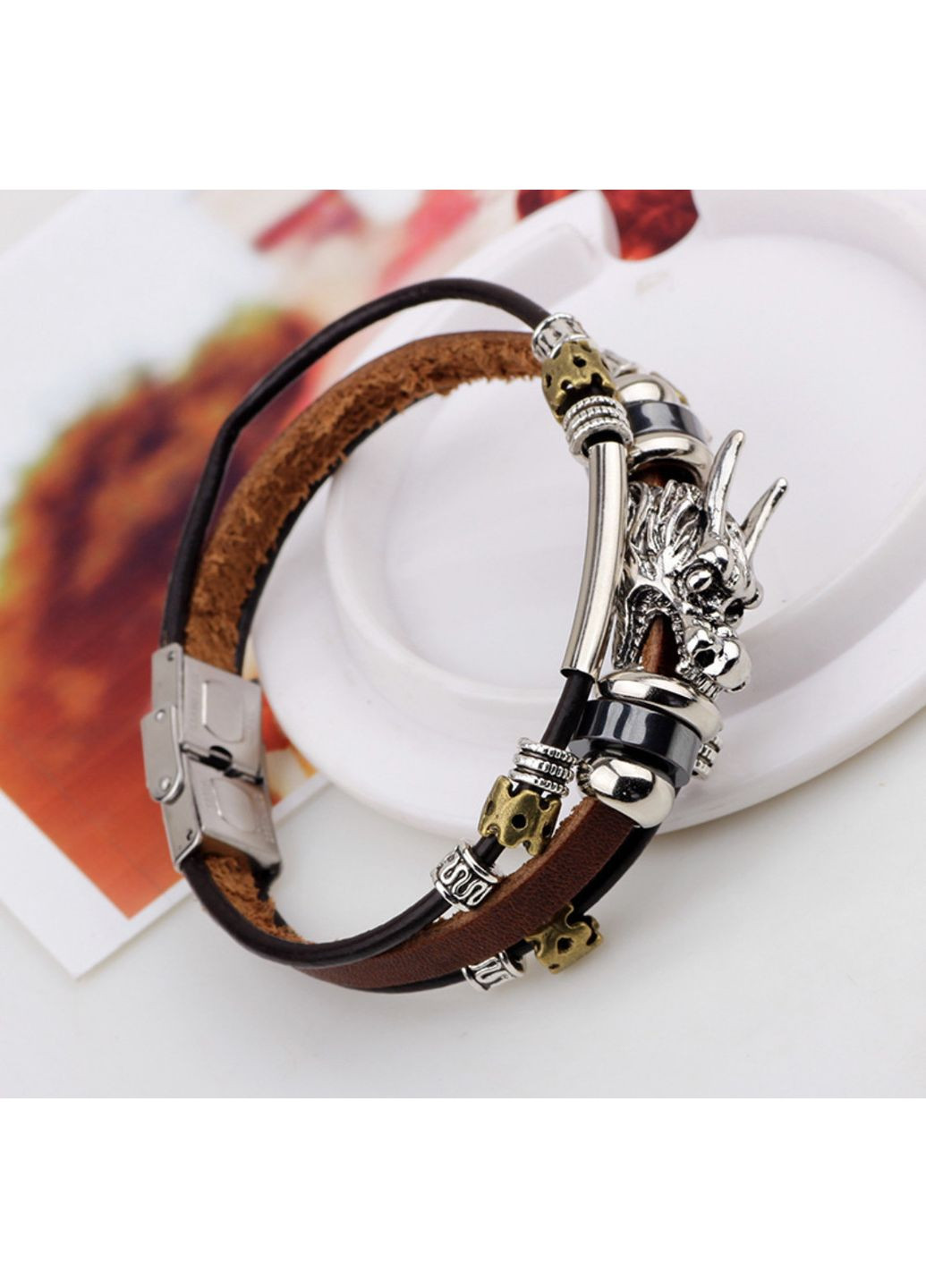 Шкіряний браслет «Dragon» із вставкою з нержавіючої сталі (коричневий) China (367623189)