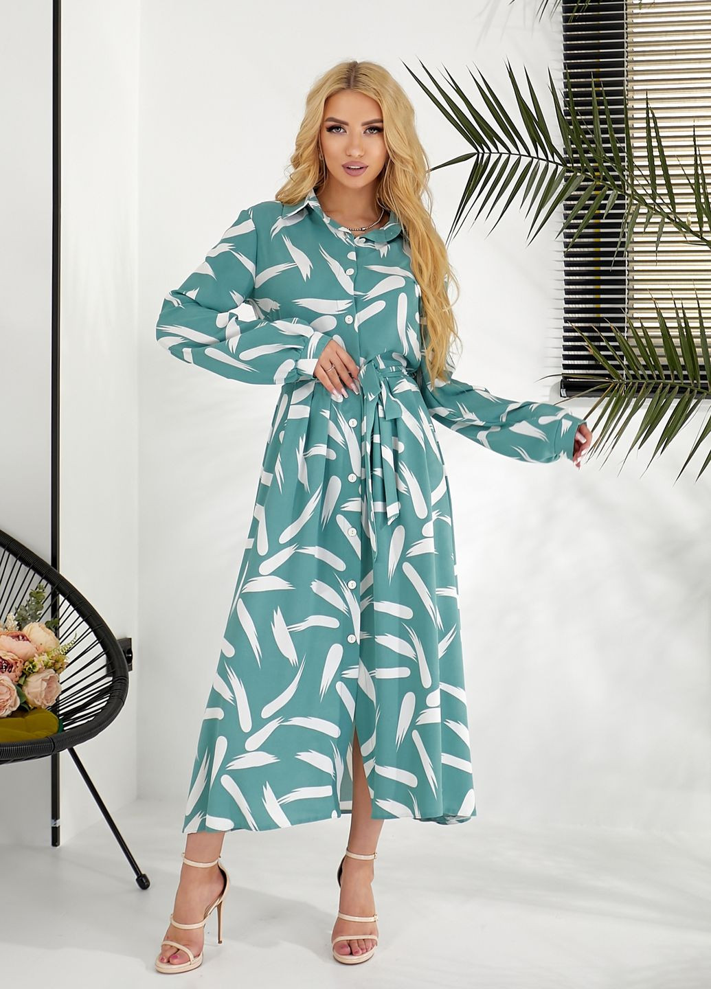 Мятное повседневный, кэжуал, вечернее платье-рубашка с длинными рукавами рубашка No Brand с абстрактным узором