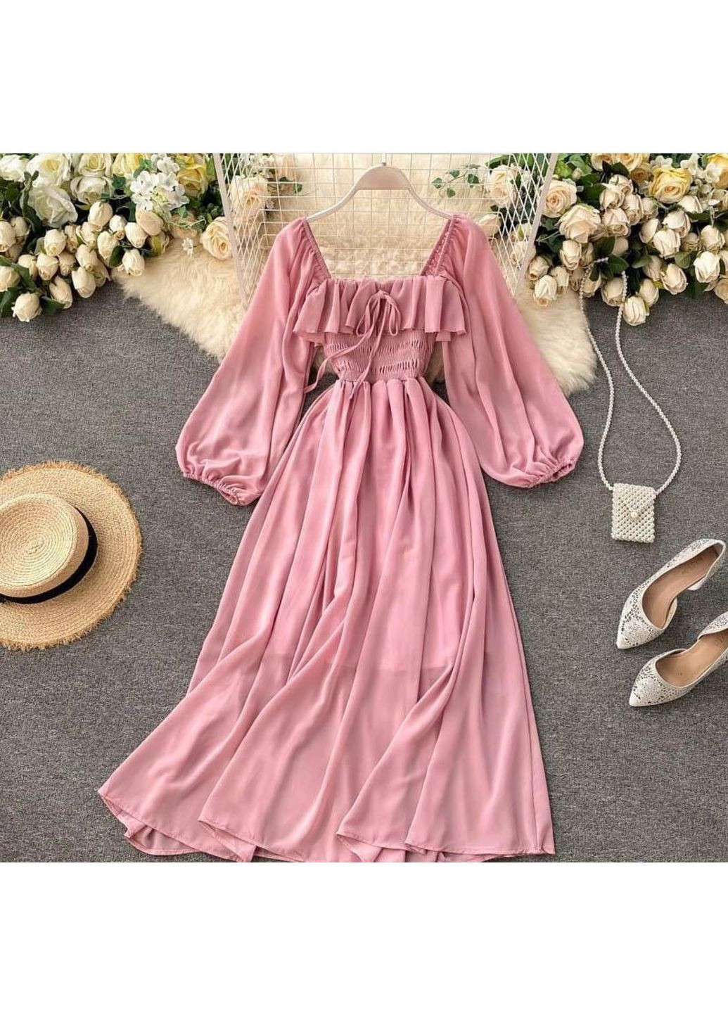 Рожева вечірня жіноча сукня з пишними рукавами та романтичним вирізом з пишною спідницею Україна однотонна