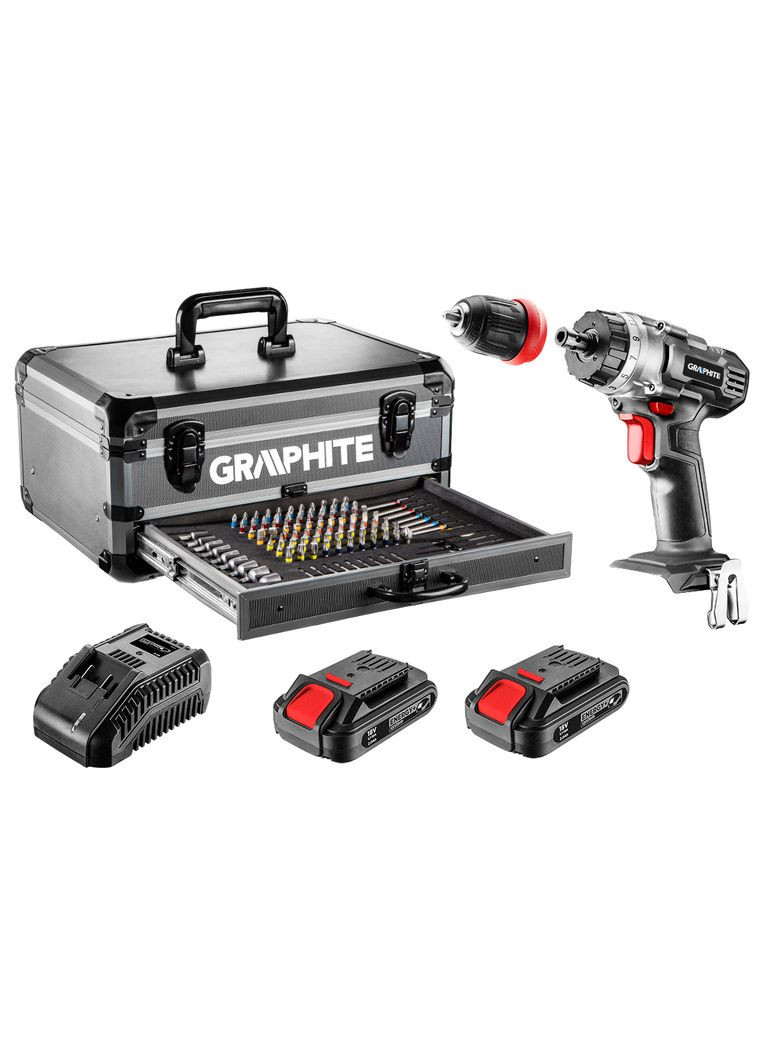 Шурупокрутдриль акумуляторний Energy+, 18В 2х2.0А•год, 44Нм, 0-1250об•хв, набір 109шт приладдя, кейс, 7.35кг Graphite (314928804)