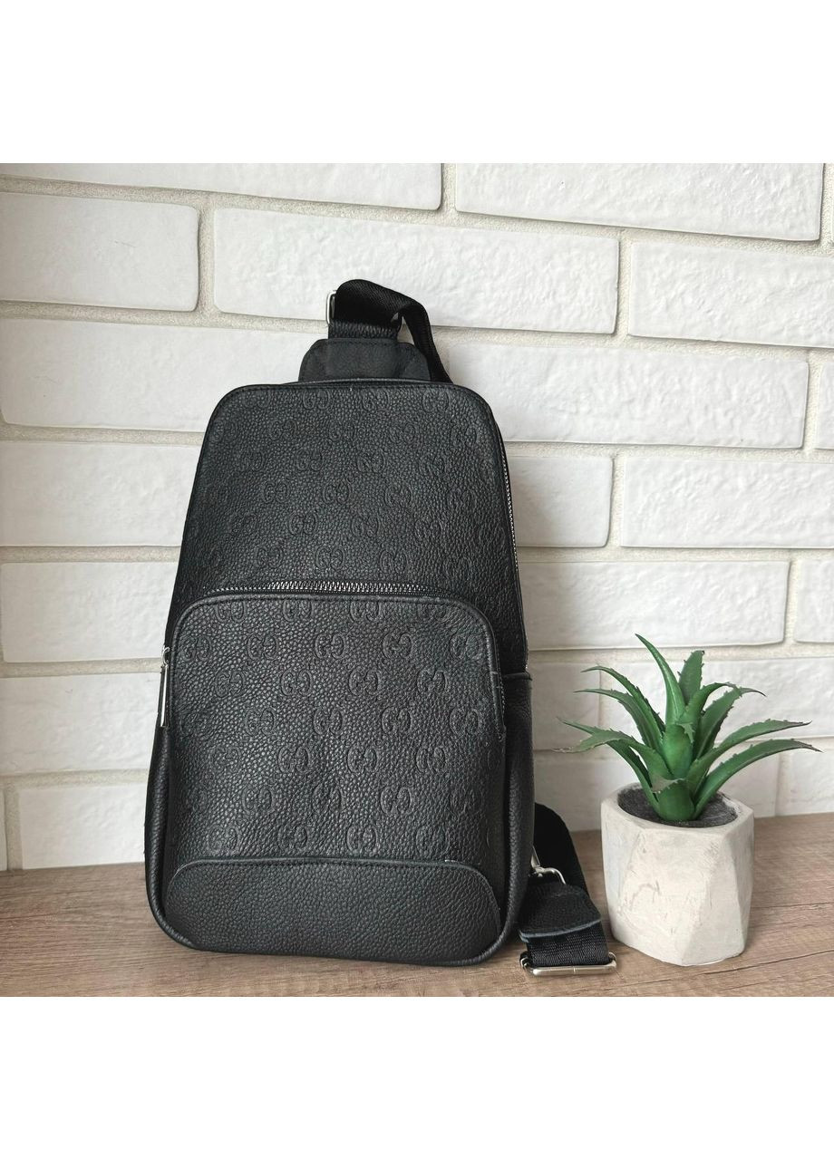 Мужская кожаная сумка бананка стиль Гуччи тиснение слинг на грудь и плечо черная барсетка для мужчин ProDobro (363221021)