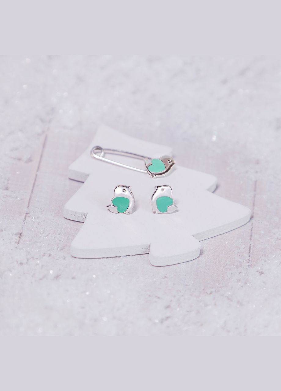 Комплект срібний Пташки із сердечком сережки та булавка з яскравою емаллю No Brand (362177099)