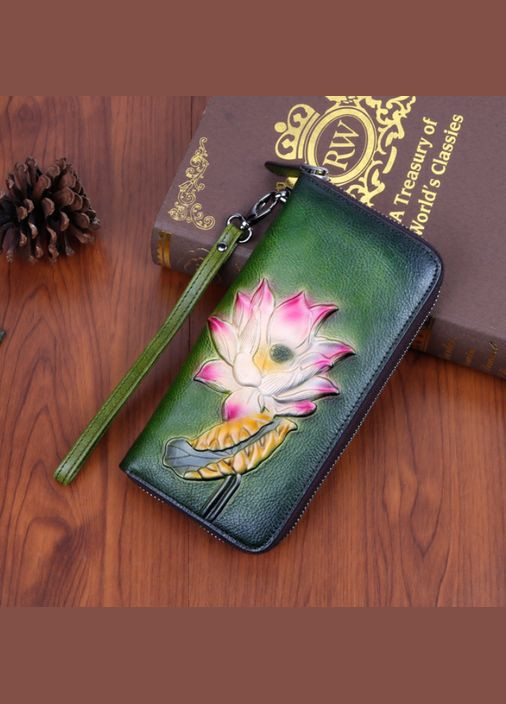 Женский кожаный кошелек клатч с тиснением цветок стрекоза на молнии зеленый OEM (329203405)