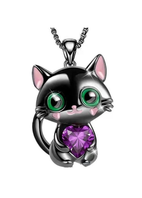 Цепочка с кулоном милый черный котик с красным сердечком фианитом зелеными глазками Liresmina Jewelry (290982084)