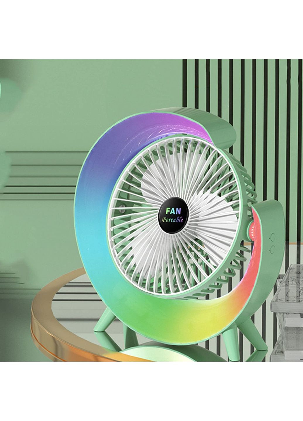 Портативный аккумуляторный вентилятор с увлажнителем воздуха TYPE-C 180° с LED RGB подсветкой Mini Fan MF-2184 Green No Brand (350349297)