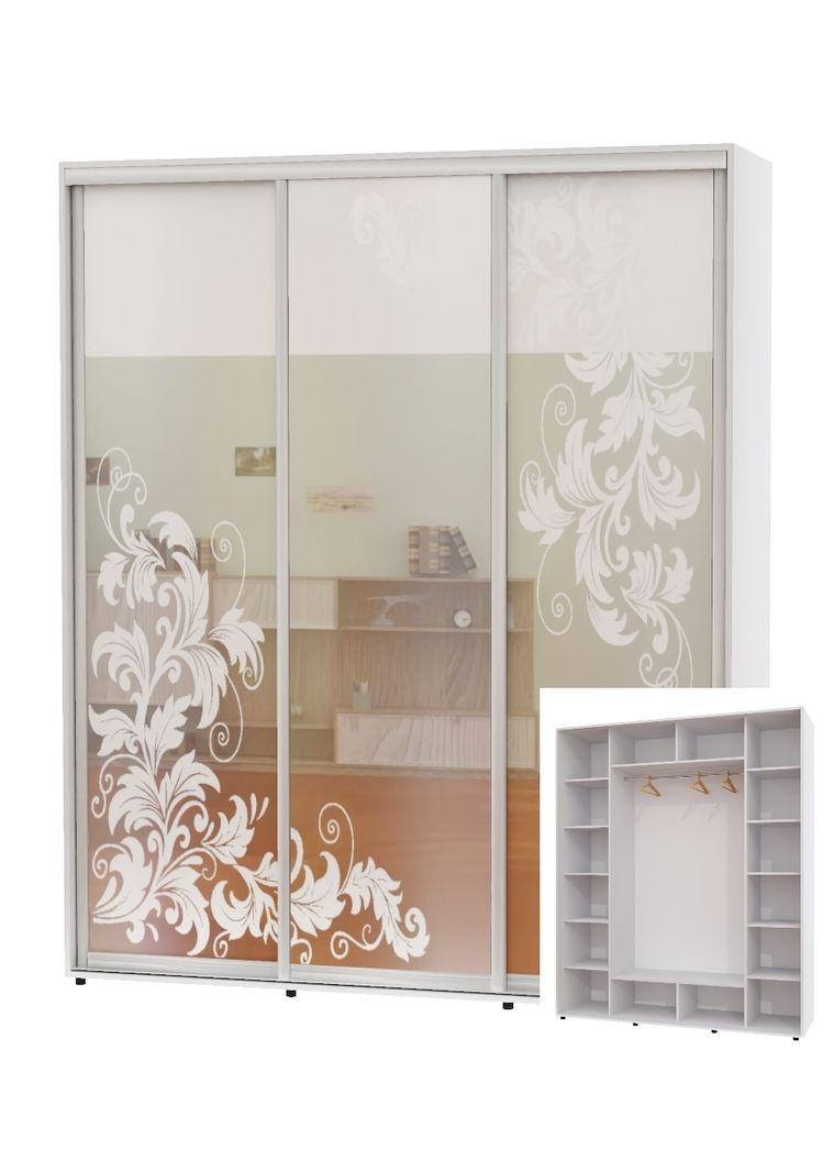 Шафа-купе тридверна 200*60*240 Білий Дзеркало з піскострумним малюнком ШК-05 Алекса (360459033)