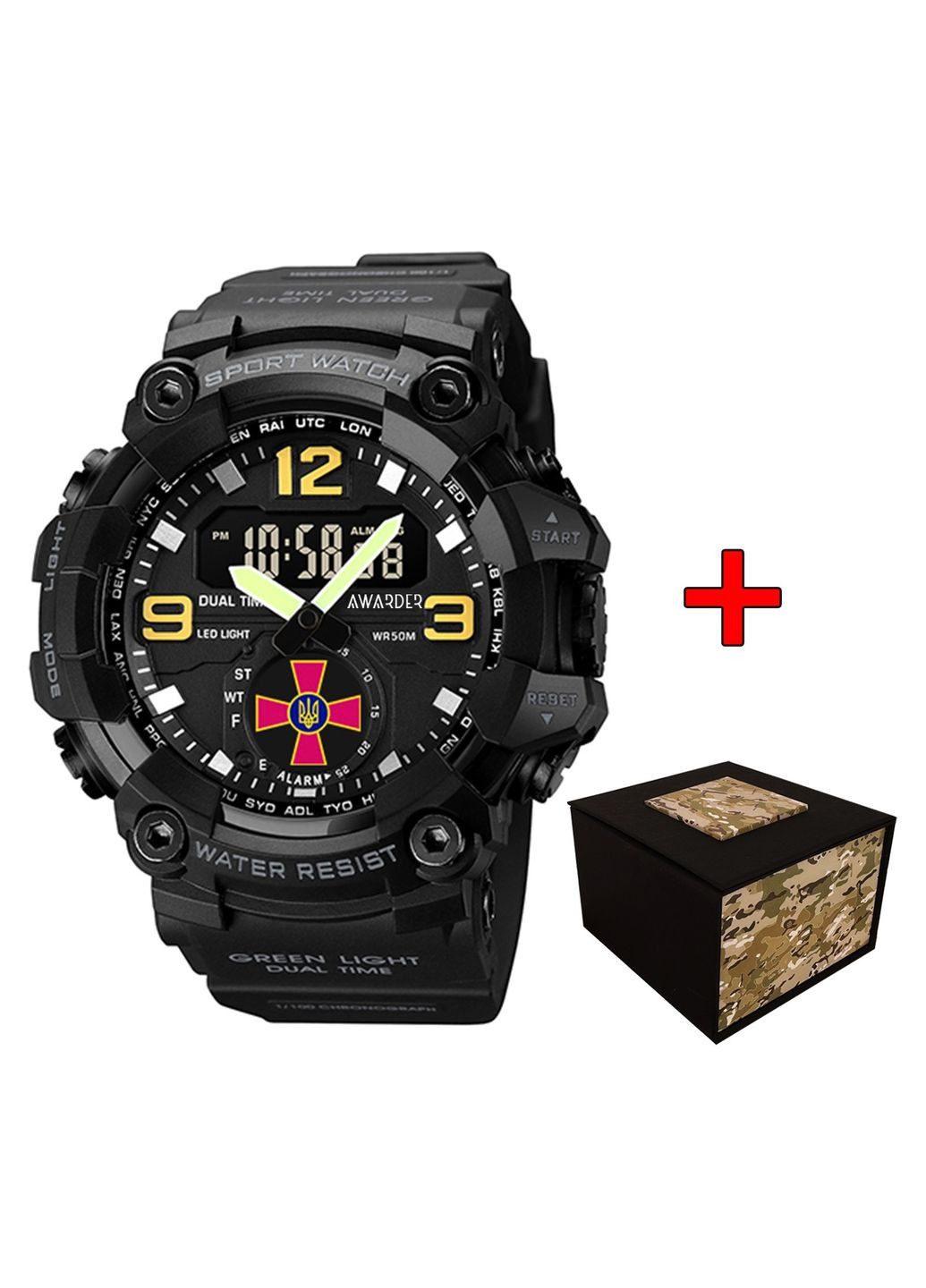 Наручний годинник чорний для чоловіків армійський спортивний з будильником і секундоміром ProDobro (367267516)