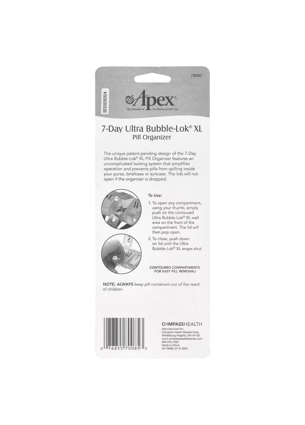 7-денний органайзер для таблеток Ultra Bubble-Lok, 1 таблетниця Apex (347600330)