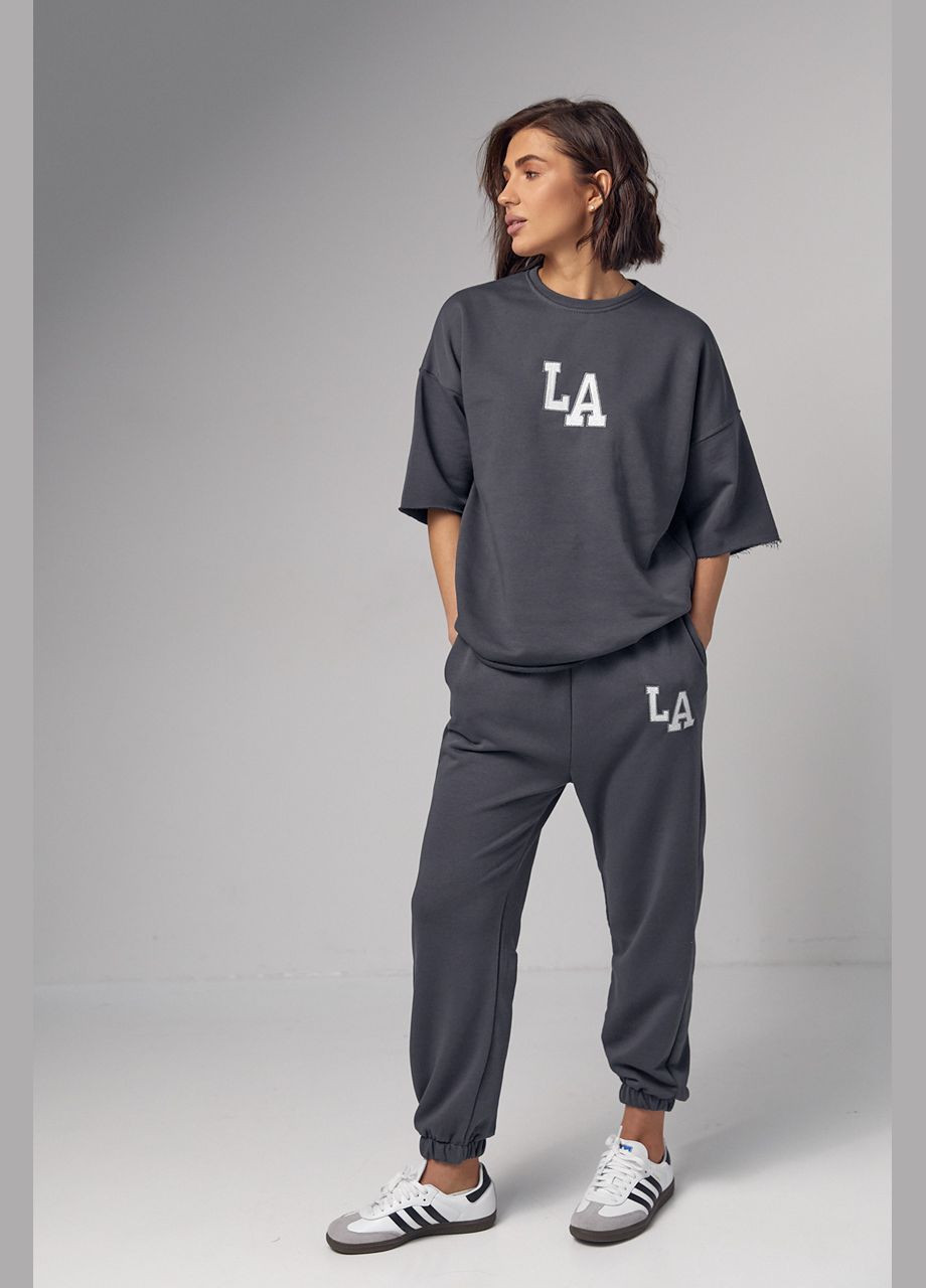 Женский спортивный костюм с вышивкой LA - темно-серый Lurex (289060796)