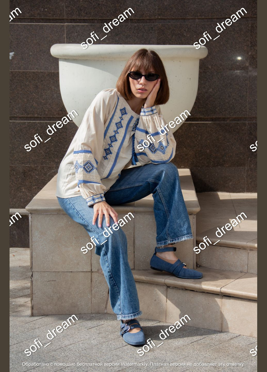 Бежева вишита сорочка зі вставками макраме ESQ вільна (333655306)