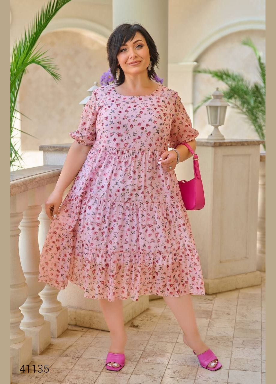 Рожева повсякденний шифонова сукня великих розмірів Liton з квітковим принтом