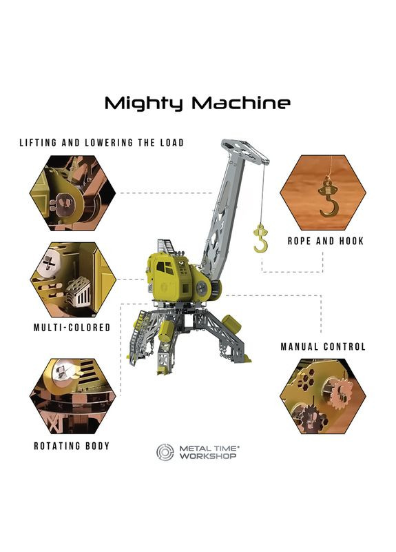 Колекційна модель-конструктор Mighty Machine механічний підйомний кран MT055 Metal Time (267507714)