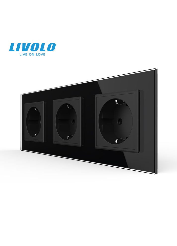 Тройная электрическая розетка с заземлением, чёрная, стеклянная рамка, шторки, 250В 16А (VL-C7C3EU-12) Livolo (370971131)