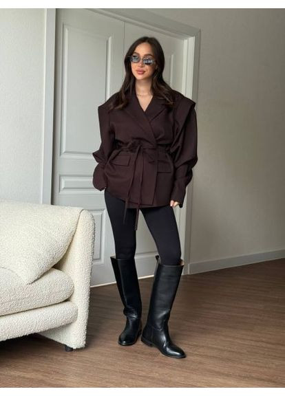 Коричневый женский жакет, пиджак, женский блейзер на подкладке, с поясом,, (арт. 0034bt) No Brand - всесезон