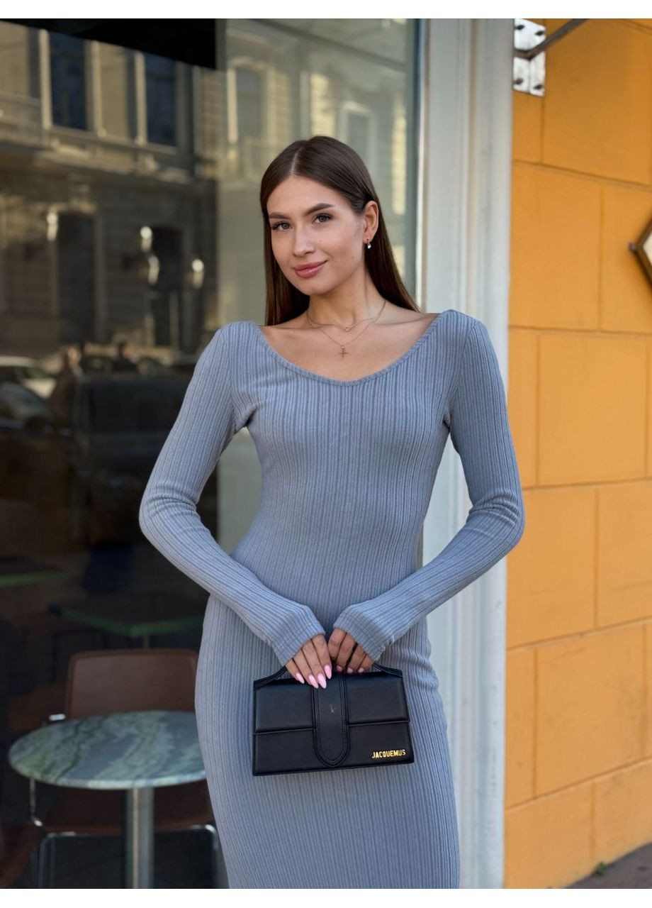 Серое приталенное длинное платье из ангоры Fashion