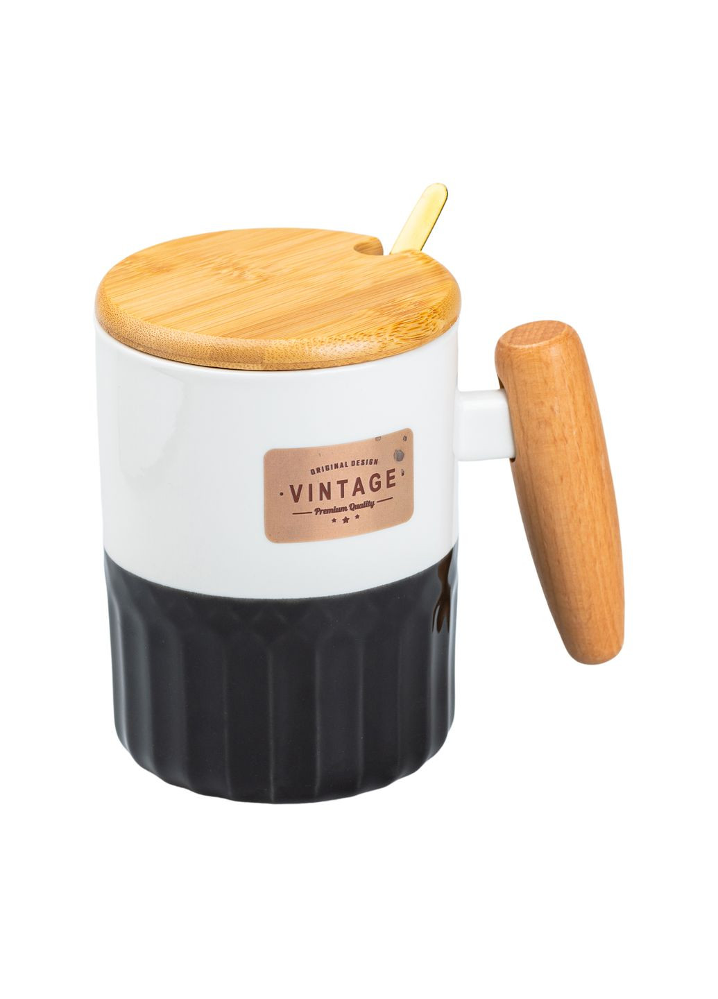 Чашка керамічна 400 мл Vintage з бамбуковою кришкою та ложкою, чорний з білим No Brand HP7204B (298915507)