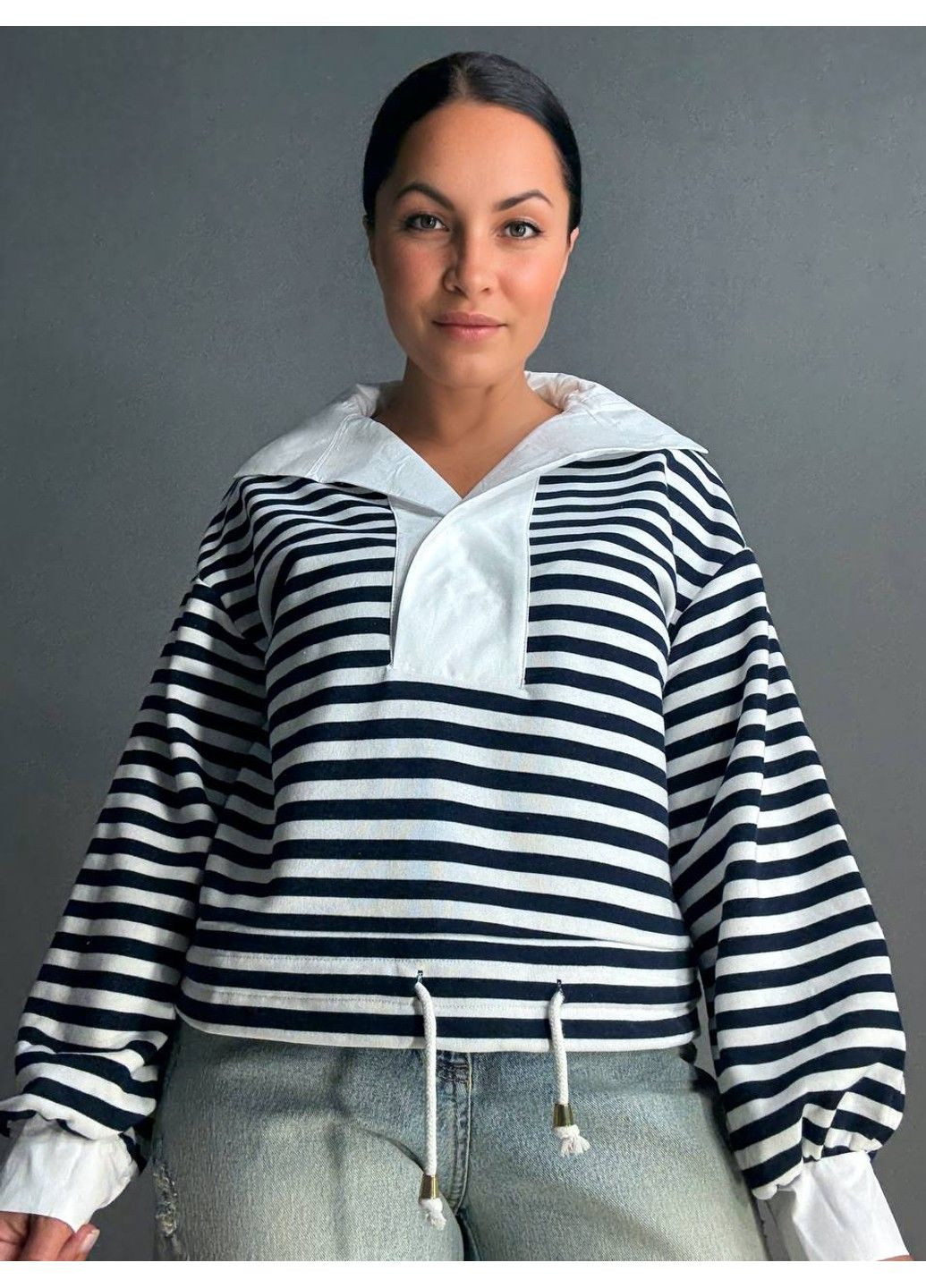 Темно-синий свитшот женский keyymod 34007 с воротником в полоску оверсайз темно синий (339672567)