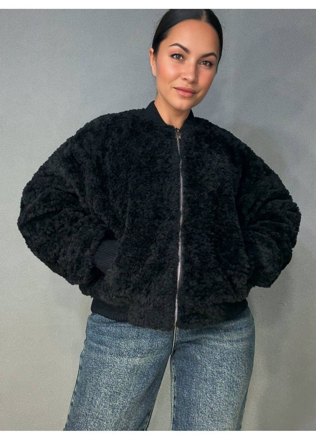 Шуба женская 10016 мех тедди бомбер короткая оверсайз черная Lady yep (368727310)