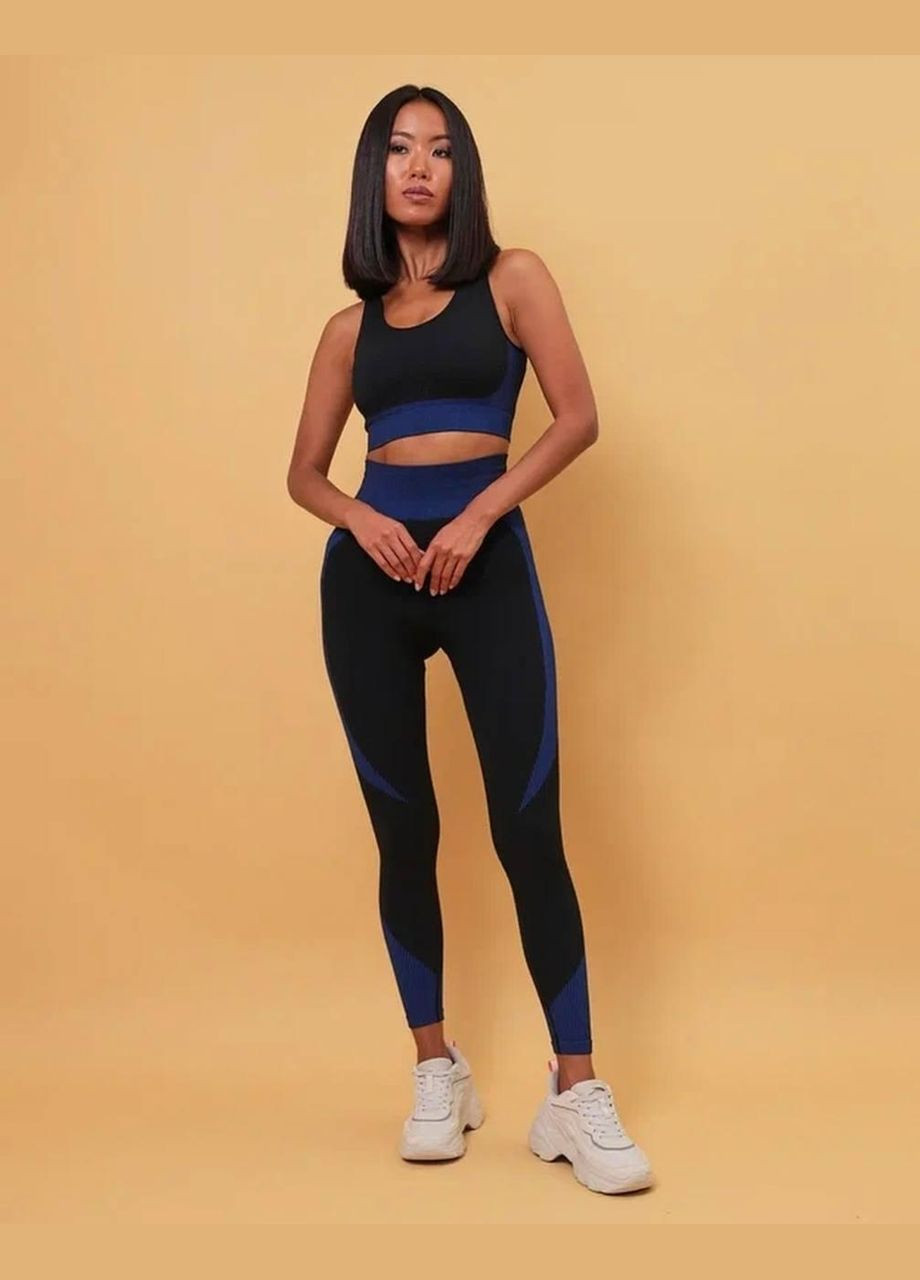 Спортивный костюм тройка (рашгард, топ и леггинсы) черного цвета с синими вставками, размер XL Trends (330757670)