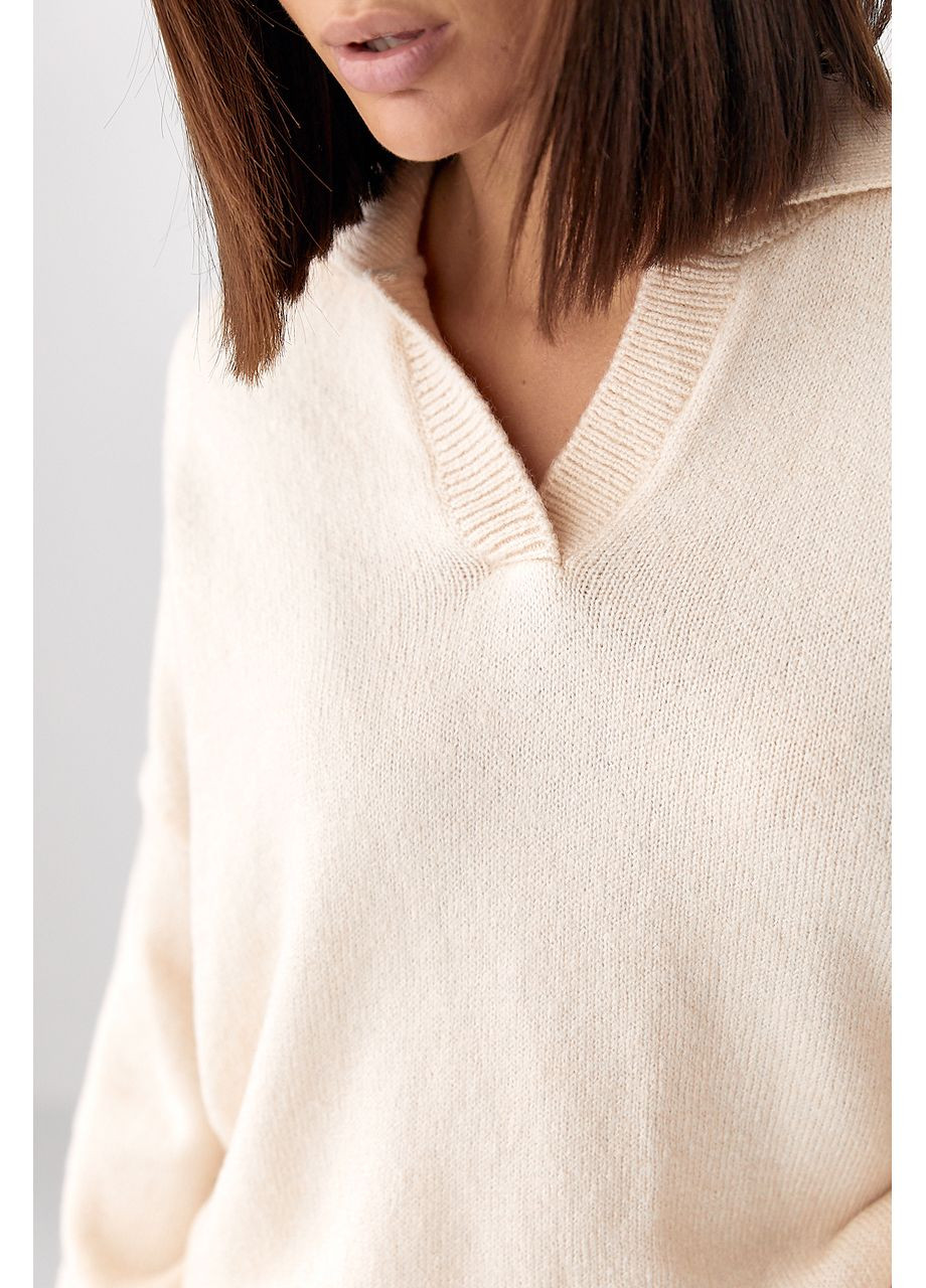 Бежевый зимний вязаный однотонный свитер-поло - темно-серый цвет Lurex