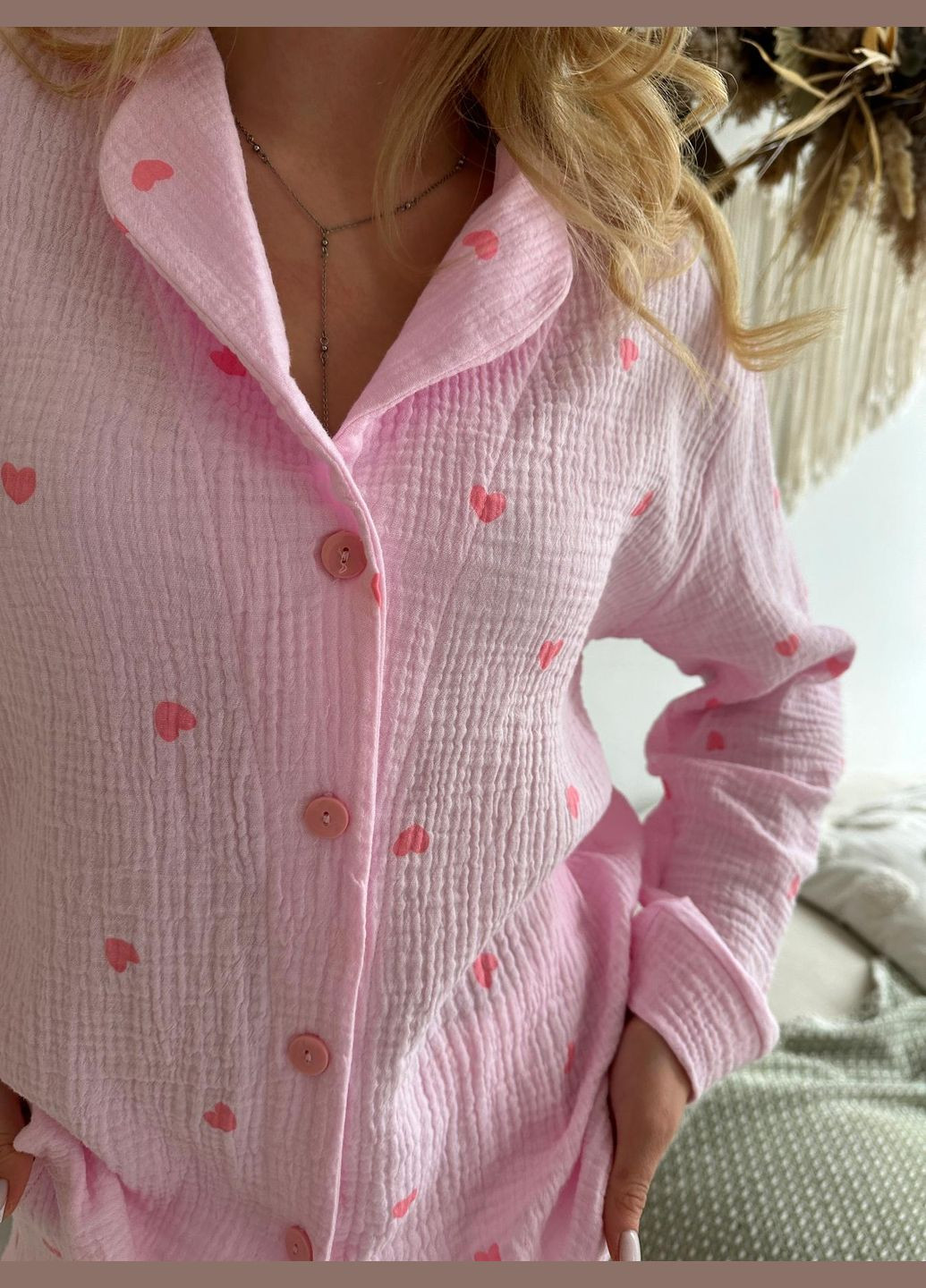 Розовая всесезон женская муслиновая пижама розовые сердца розовая рубашка + брюки Cosy